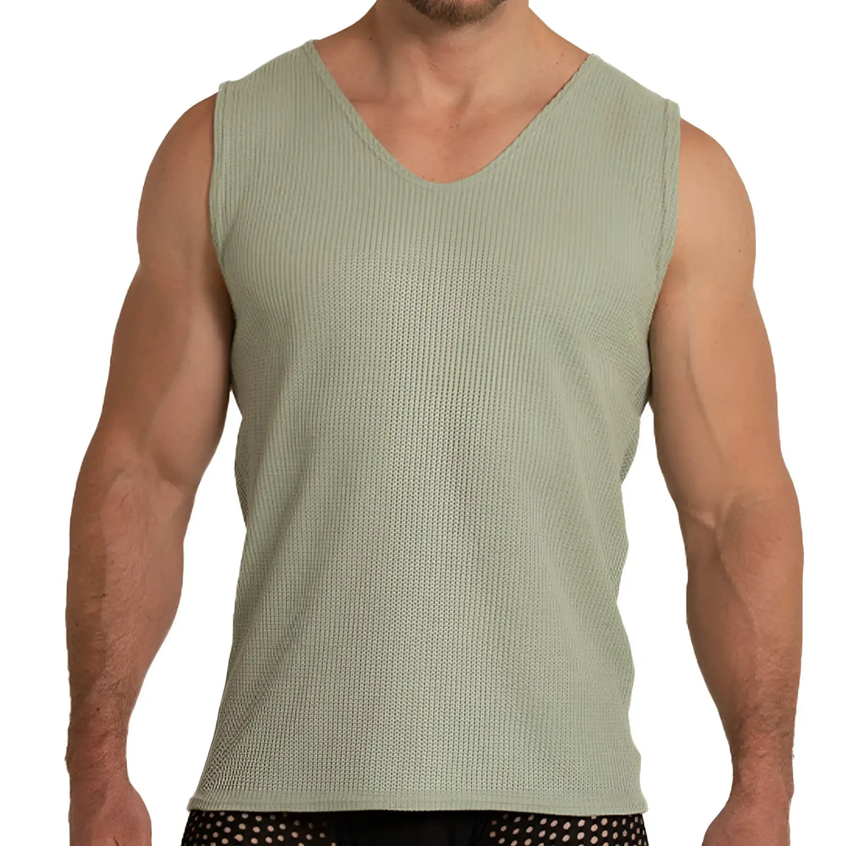 MenÃ¢â‚¬â„¢s olive green ribbed knit sleeveless tank top with v-neckline from Gigo Tissue Green Tank collection