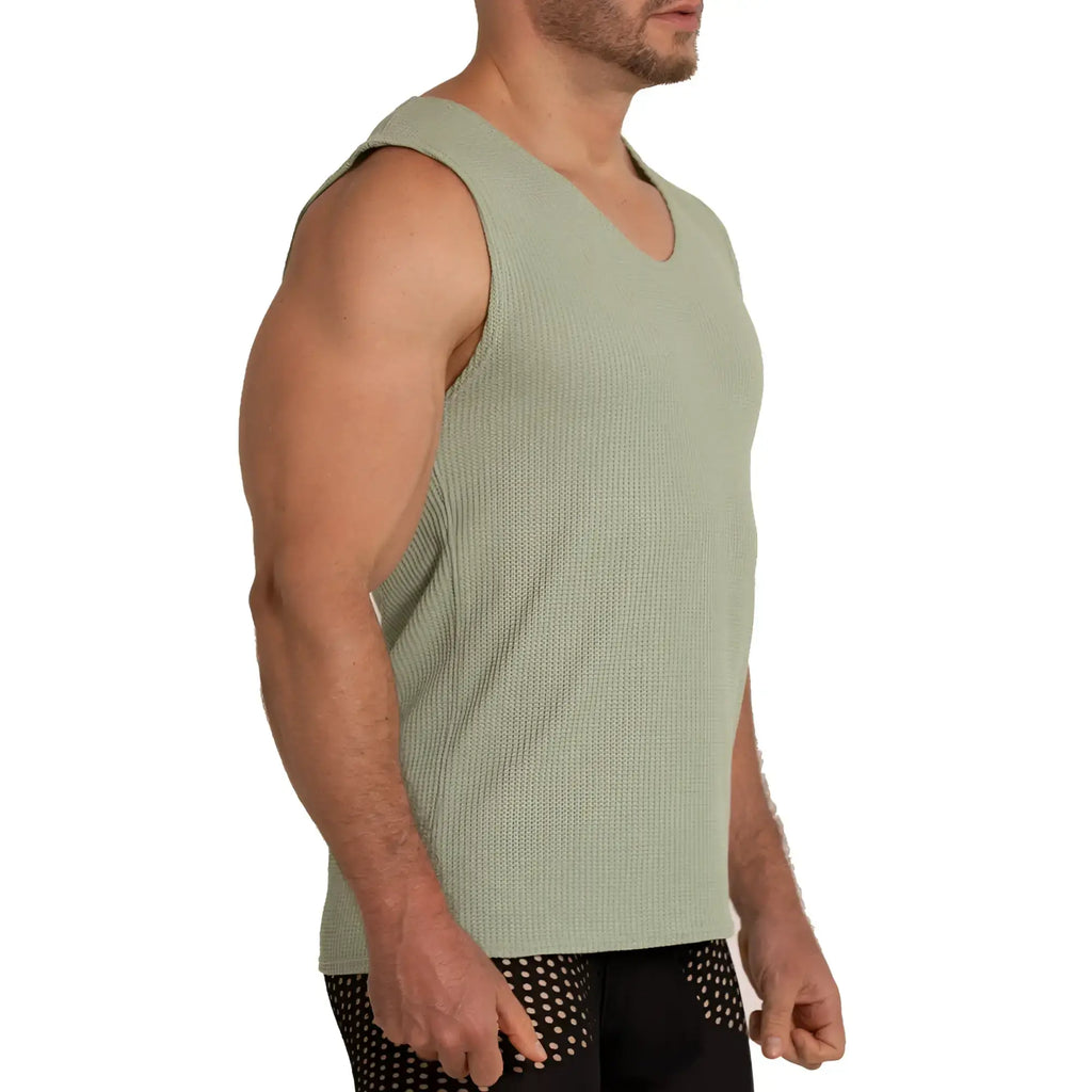A menÃ¢â‚¬â„¢s sage green ribbed knit sleeveless tank top with v-neckline from Gigo Tissue Green Tank collection