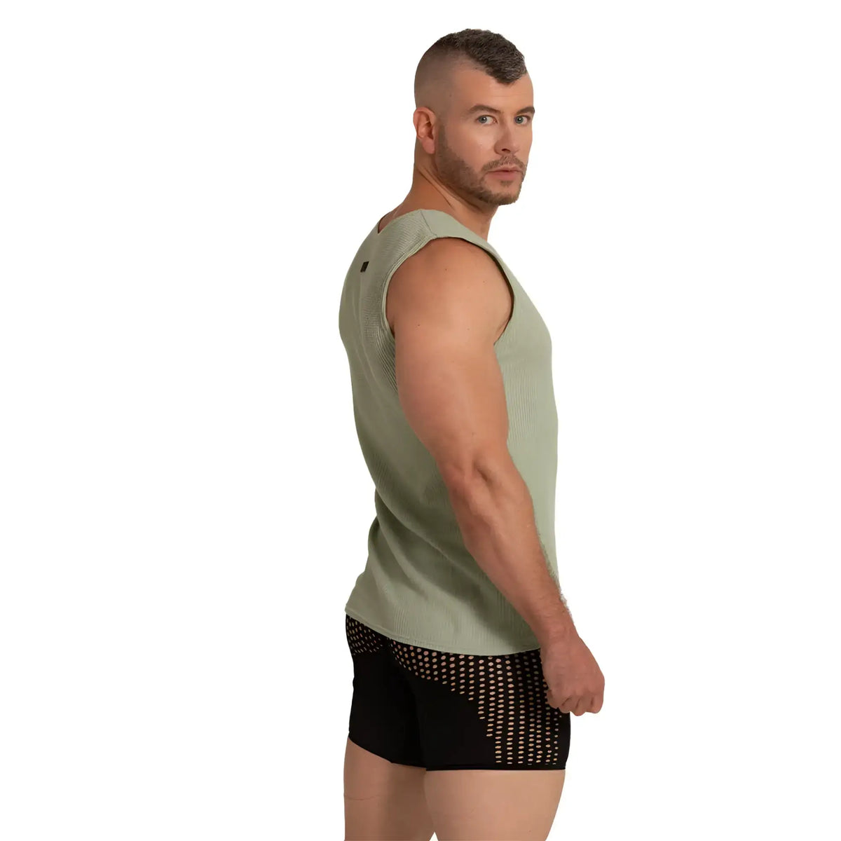 Olive green ribbed sleeveless athletic tank top made from lightweight gigo tissue fabric for active wear