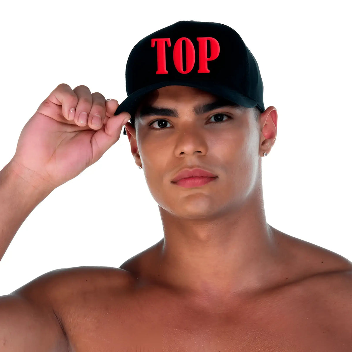 Black baseball cap with bold red top lettering embroidered on front from gigo top caps collection