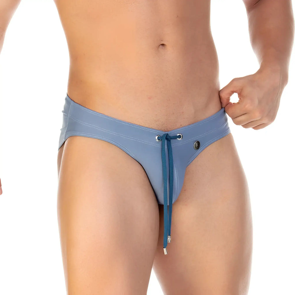 Gigo traditional blue swim brief made of blue satin swim trunks with drawstring and zipper detail