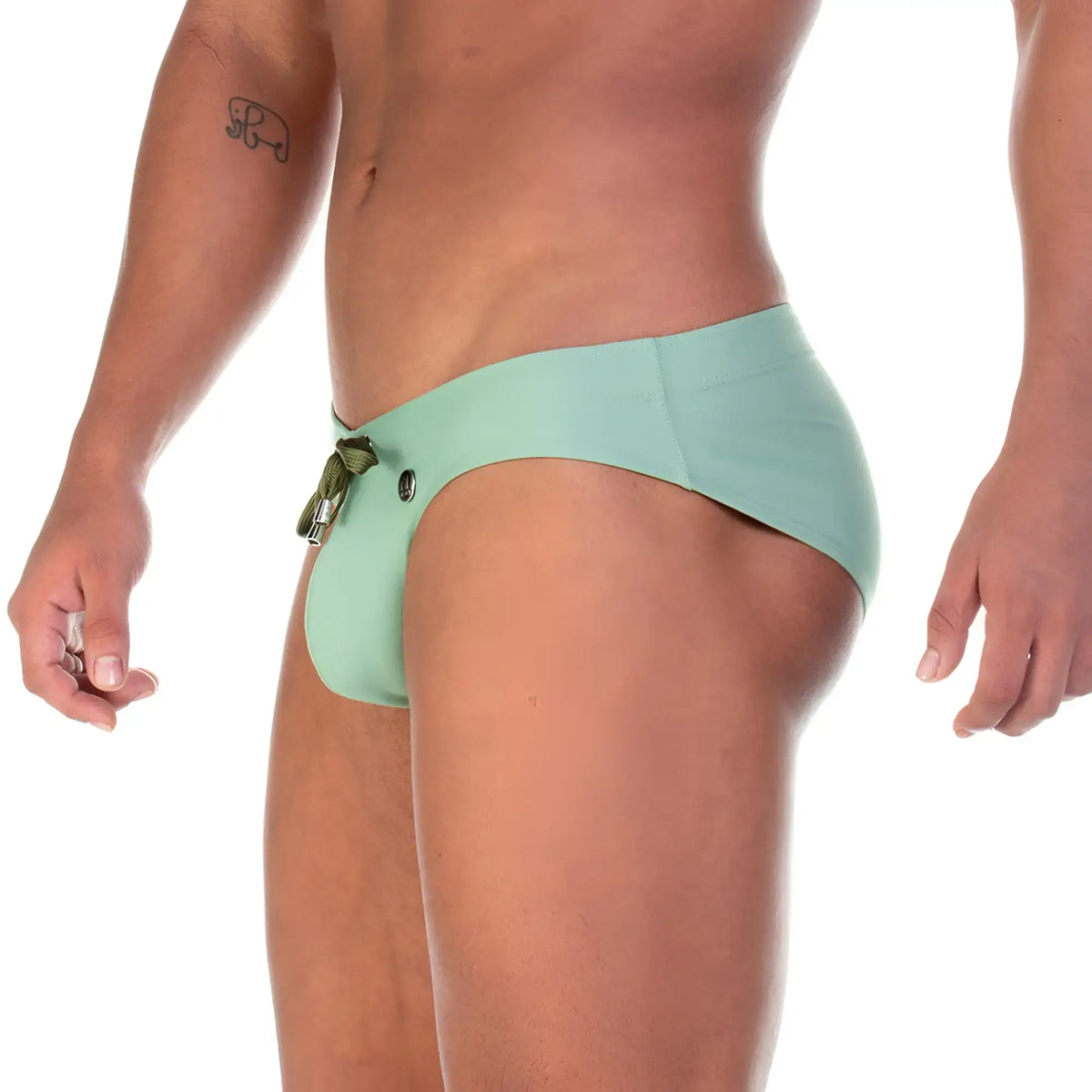 Gigo traditional green swim brief in mint green with olive green drawstring and metallic button detail