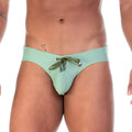 Gigo traditional green swim brief in mint green with olive green drawstring and silver metal hardware for swimming