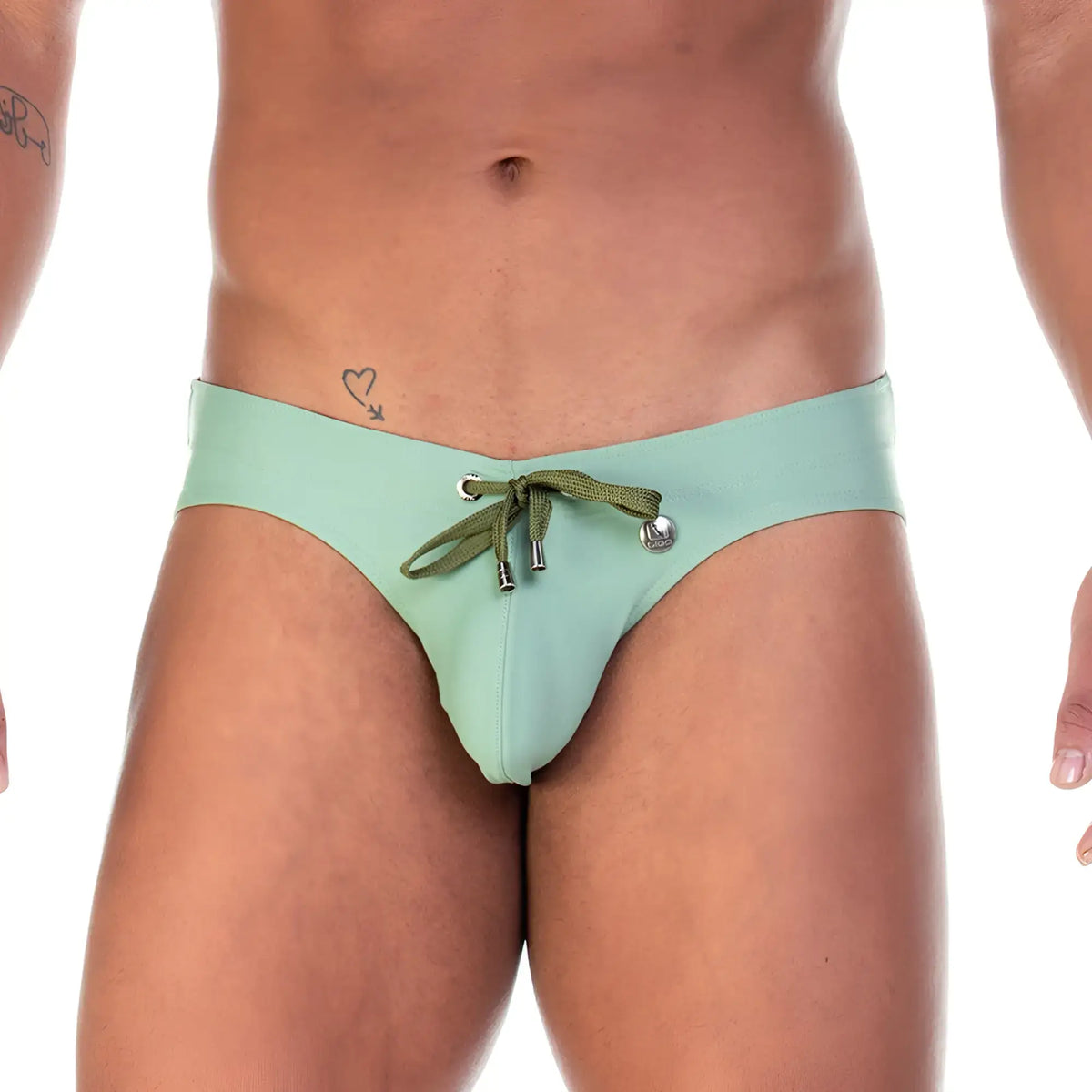 Gigo traditional green swim brief in mint green with olive green drawstring and silver metal hardware for swimming