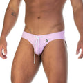 Light pink gigo traditional swim brief with white drawstring and silver button detail for swimming use