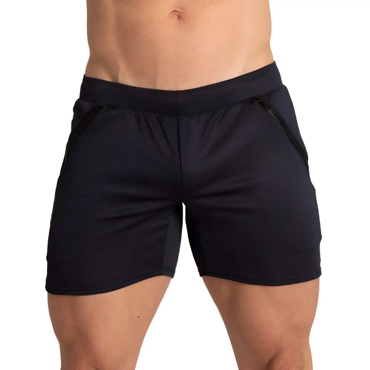 Black gigo training shorts with textured fabric and side zip pockets for athletic use