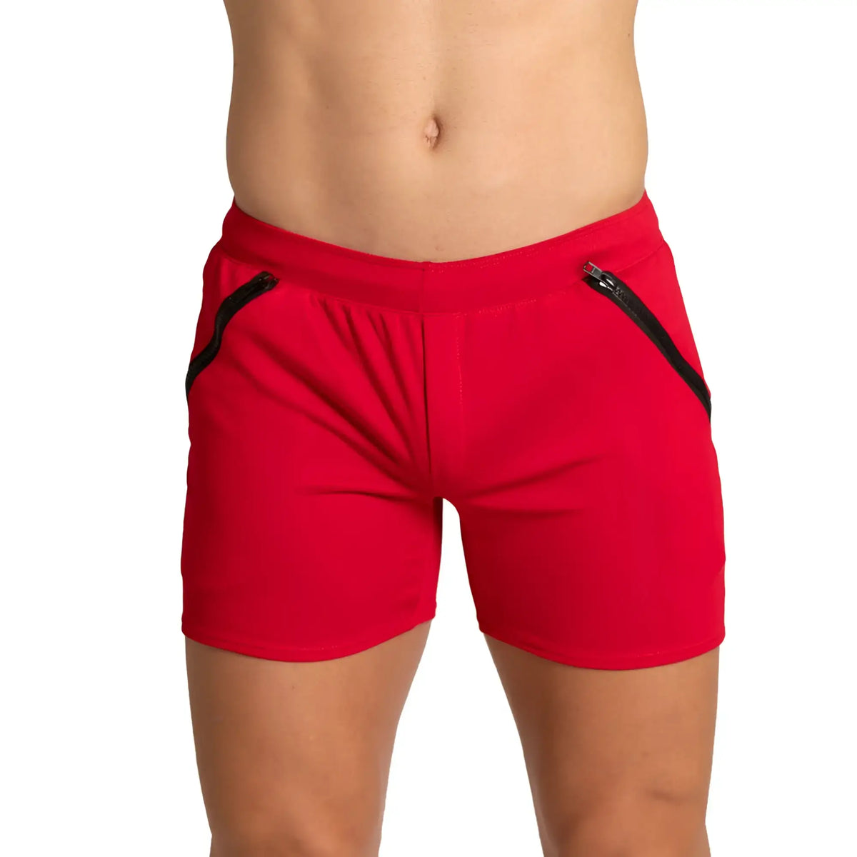 Gigo training red athletic shorts with black side zipper accents designed for active wear and training sessions