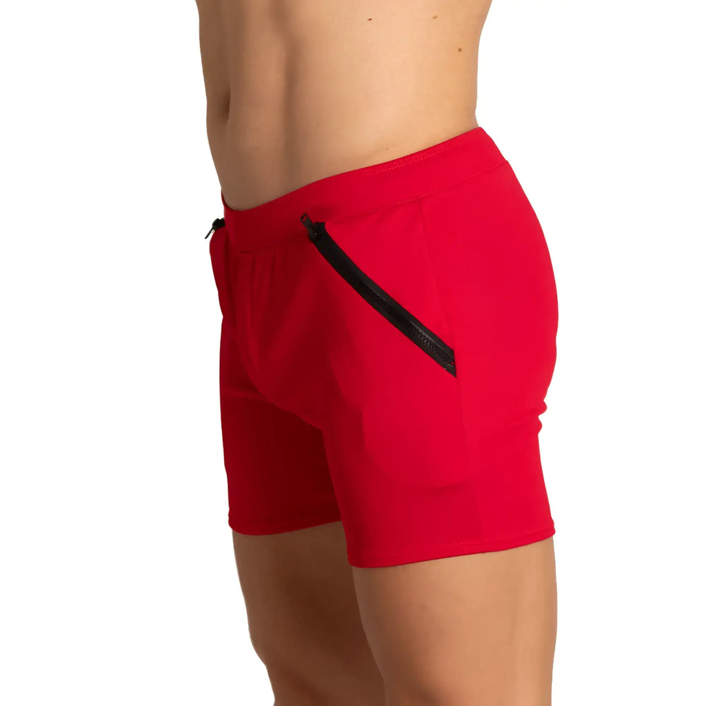 Gigo training red athletic shorts with a black side zipper designed for comfortable workouts and training sessions