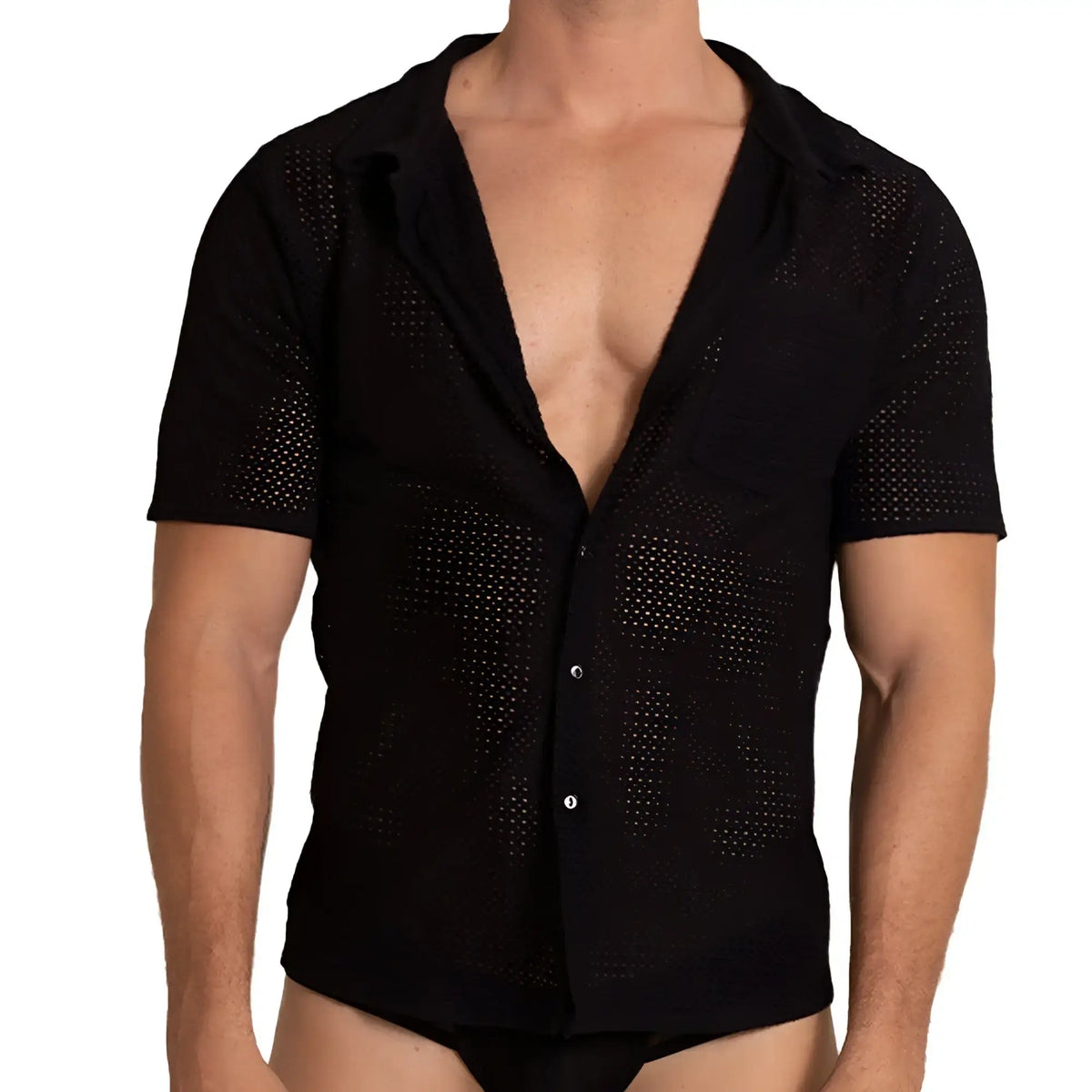 Gigo Tramell shirt black perforated short sleeve button up shirt with collar for casual wear
