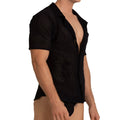 Black short sleeved mesh gigo tramell shirt with collar and open front for stylish casual wear