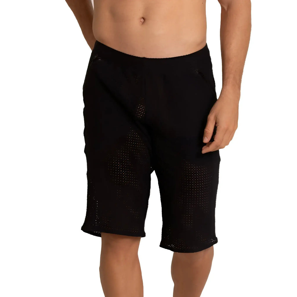 Black mesh gigo tramell shorts with breathable perforated design and elastic waistband for athletic use