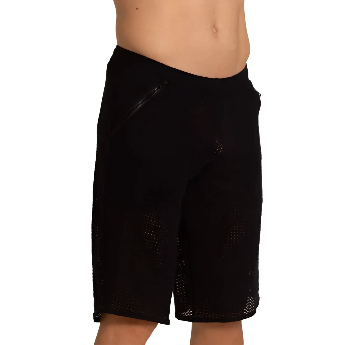Black mesh gigo tramell shorts with a side zipper designed for breathable comfort and style