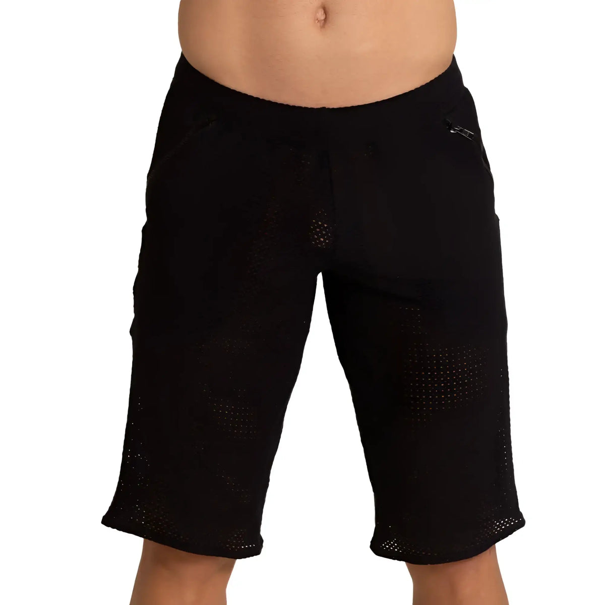 Black mesh Gigo Tramell short with subtle perforated pattern and elastic waistband for breathable comfort
