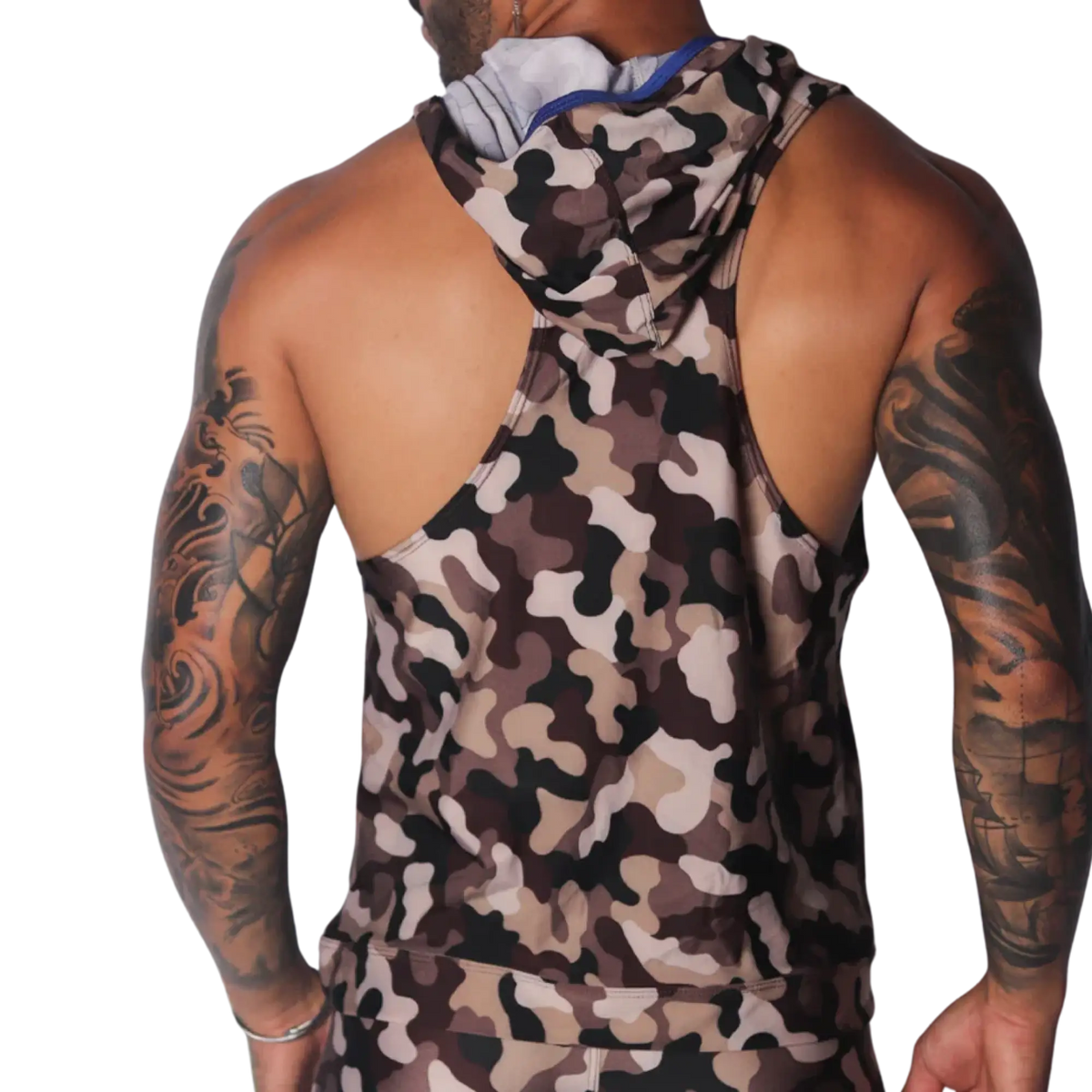 Brown camouflage print sleeveless hooded tank top with a thin blue trim on the hood's interior.