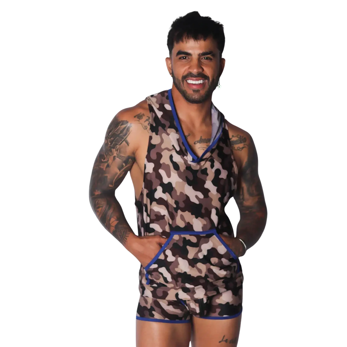 Sleeveless camo-print hooded shirt with a front kangaroo pocket and blue trim detail on a smiling tattooed man.