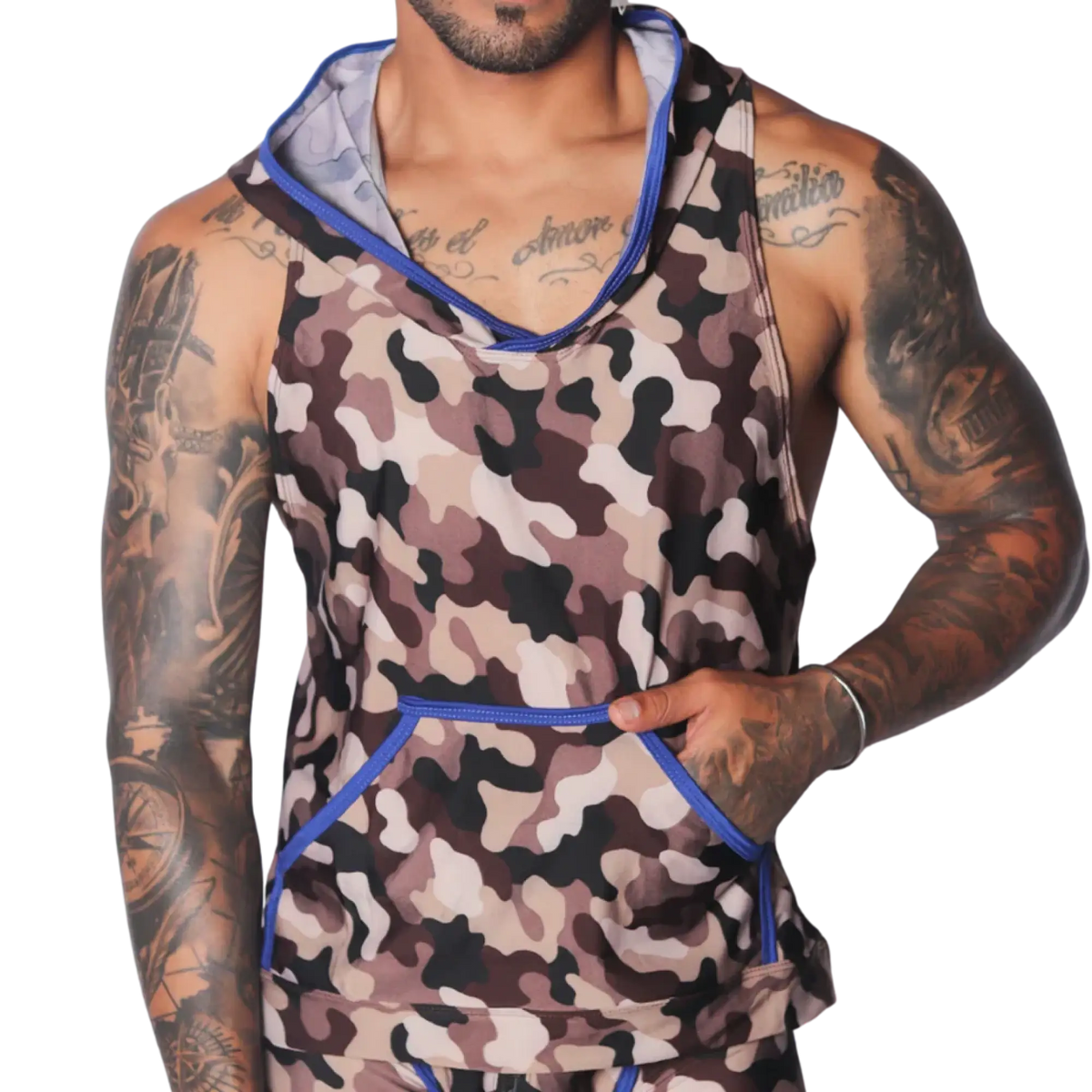 Sleeveless camo-print hooded shirt in brown, beige, and black with blue trim and a front kangaroo pocket.