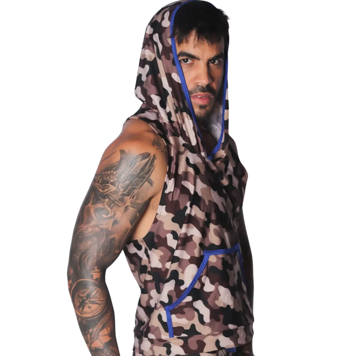 Sleeveless camouflage print hooded t-shirt with contrasting blue trim and a front kangaroo pocket.