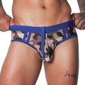 Blue camo swim brief with solid blue waistband, matching drawstring, and panel detailing on a fitted athletic cut.