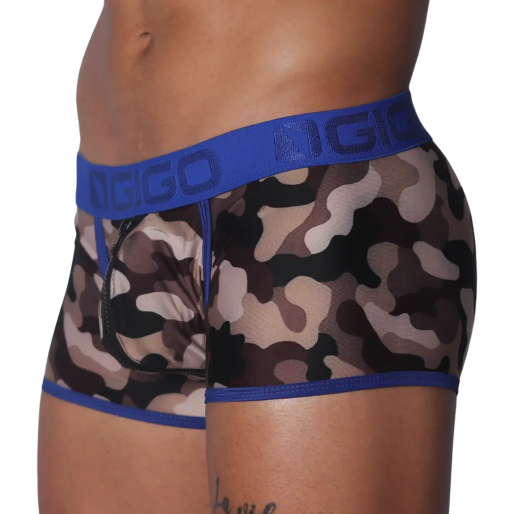 Camo print men's trunk with blue logo waistband, blue trim, and a front zipper detail.