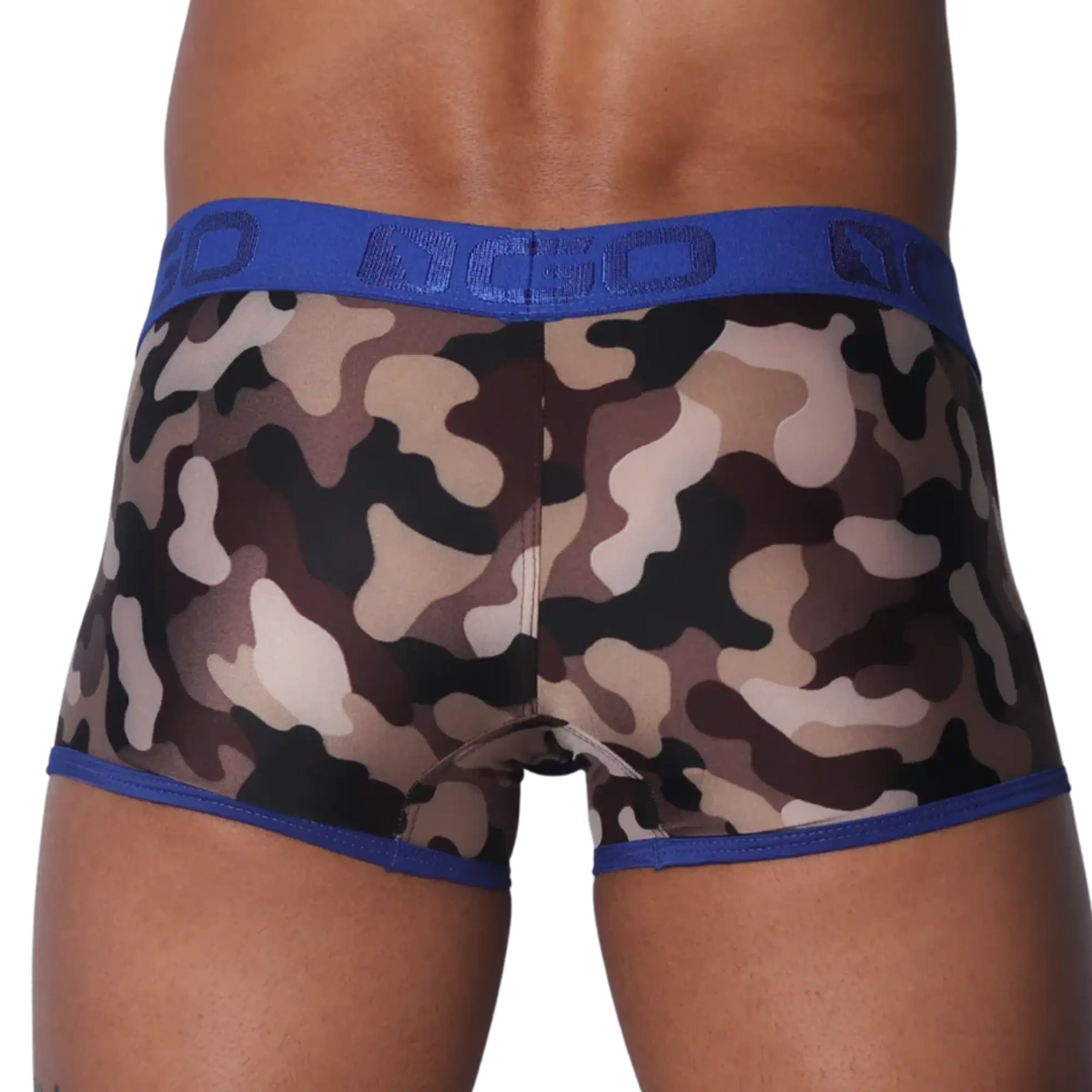 Camouflage-print trunks with a blue branded elastic waistband and blue trim along the leg openings.