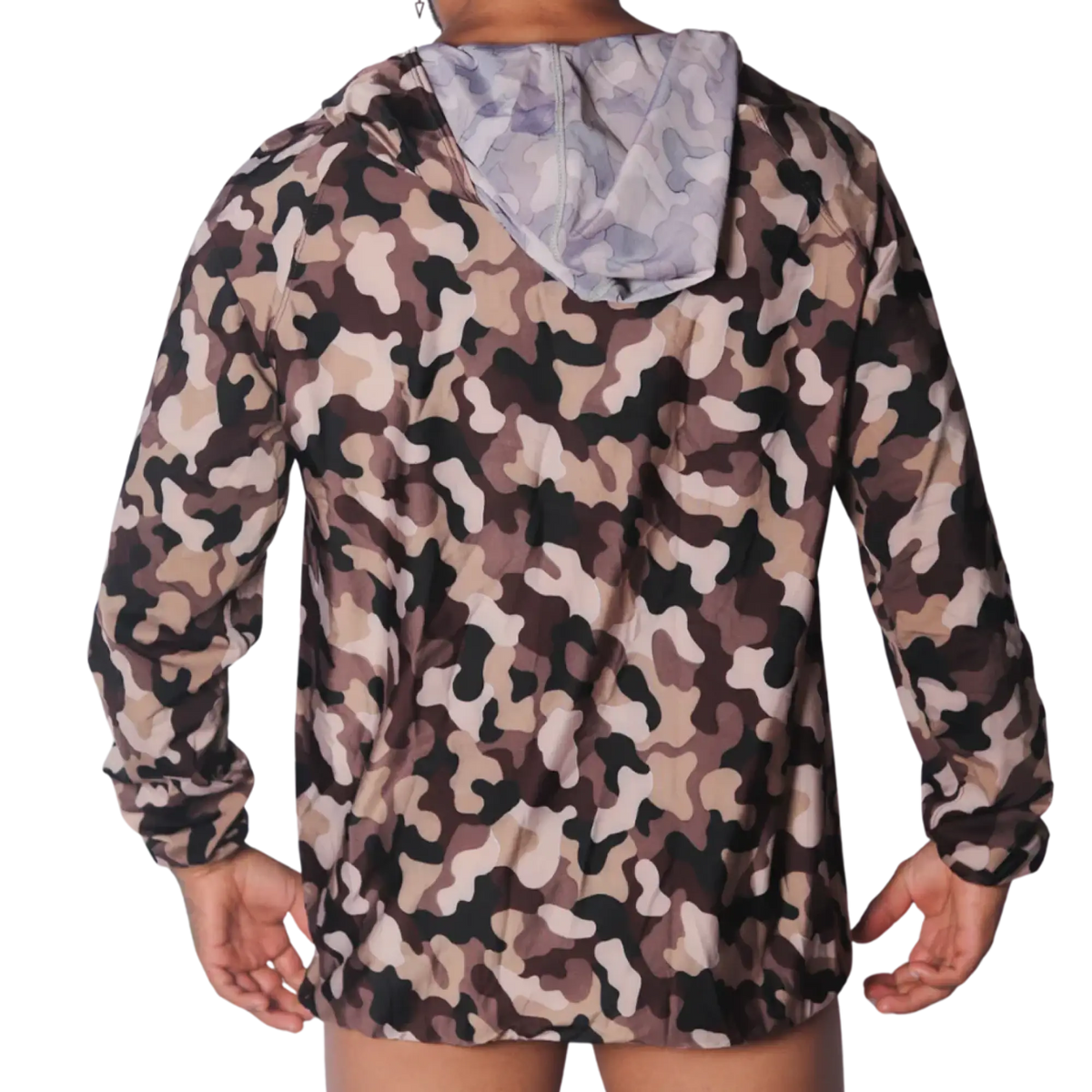 Gigo Trend hooded jacket in a tan, brown, and black camouflage print with a smooth, lightweight performance fabric.