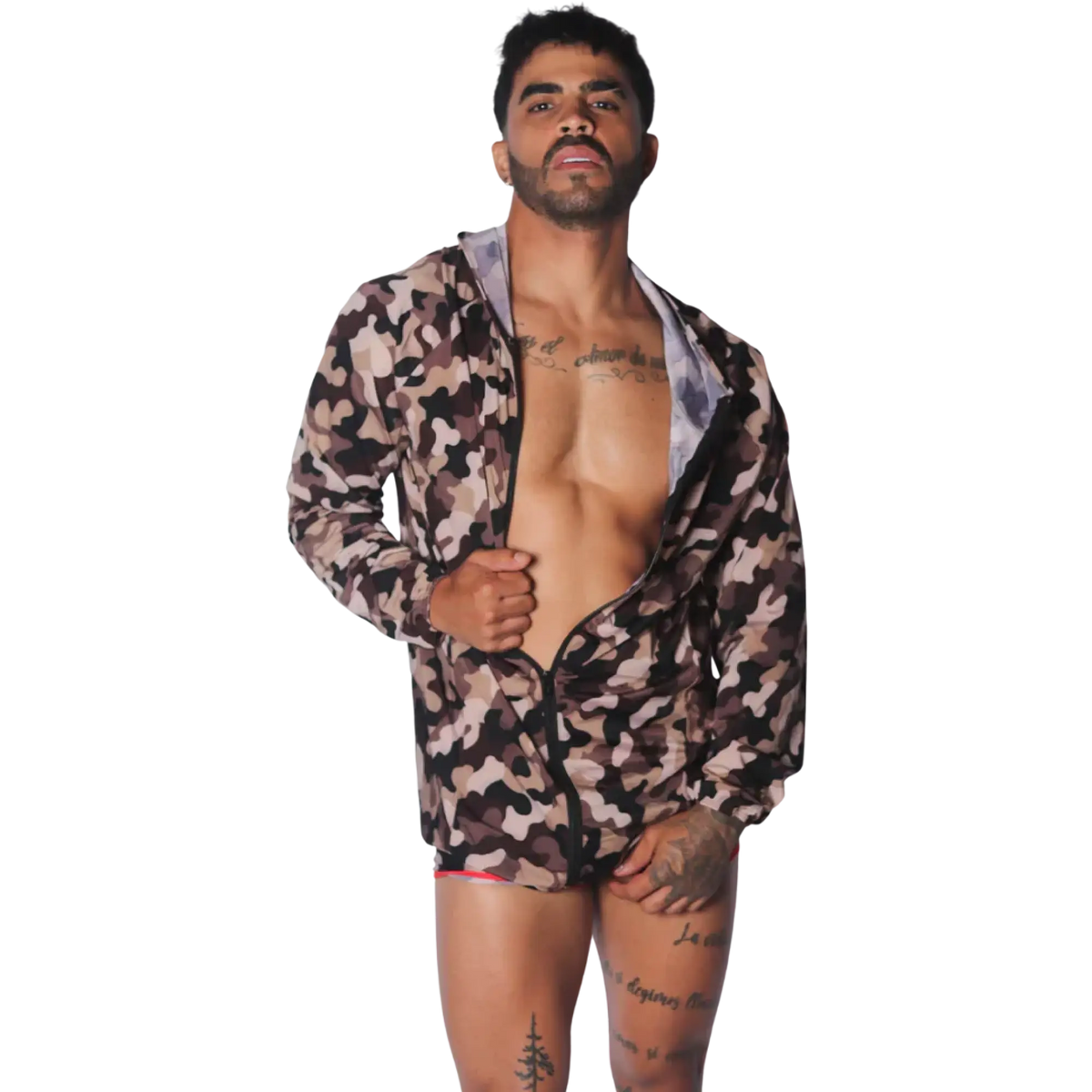 Gigo Trend hooded zip-up jacket in brown camo print with a lightweight, technical fabric finish.