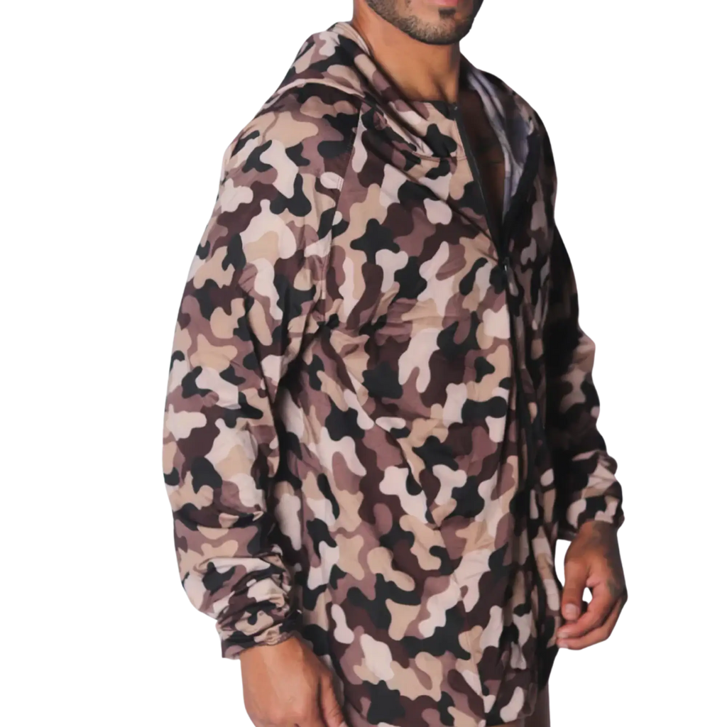 Gigo Trend Jacket in beige and brown camouflage print, featuring a lightweight windbreaker style with a hood and zip.
