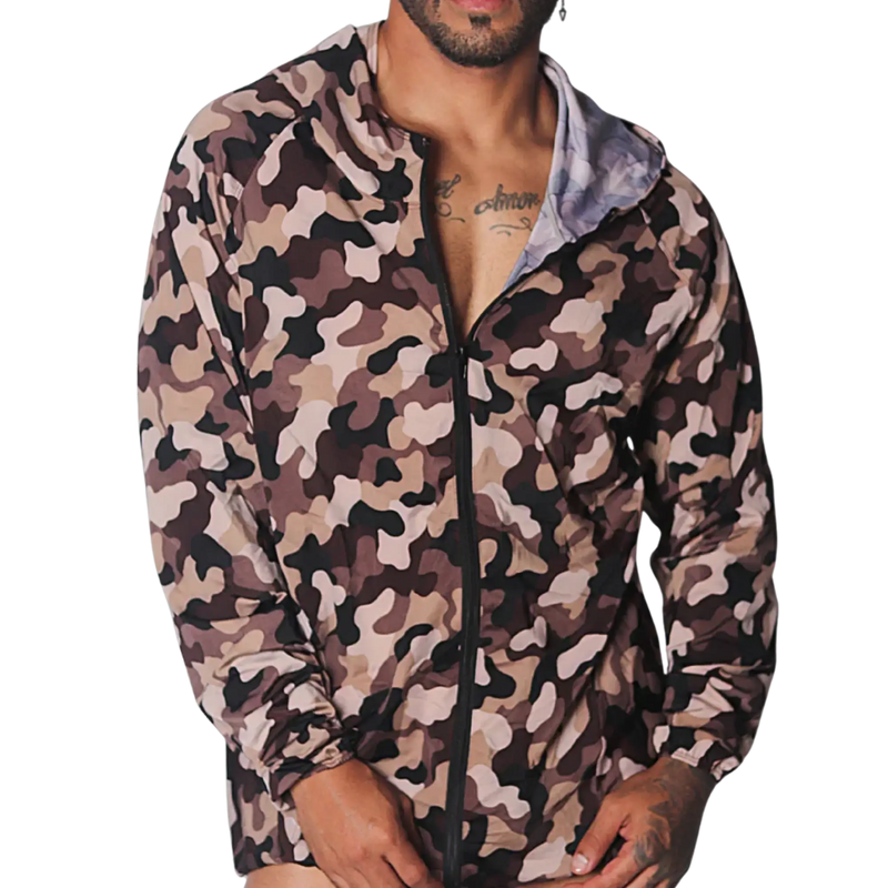 Lightweight camouflage zip-up hoodie jacket in brown and tan tones with a slim fit and elastic cuffs.