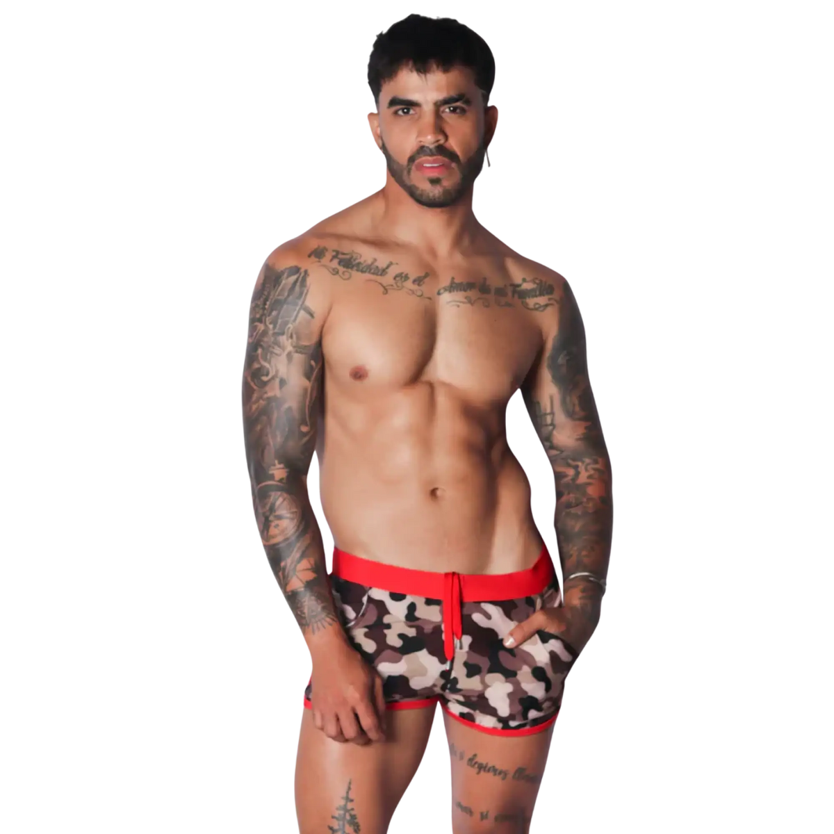 Men's camo print beach shorts featuring a bold red elastic waistband, matching red trim, and a drawstring front.