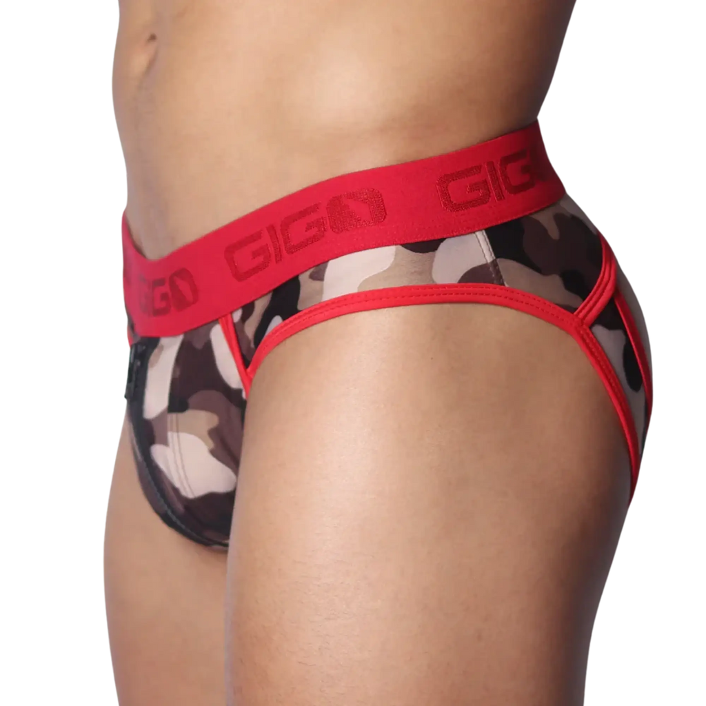Red camo-print jockstrap with a wide, red elastic branded waistband and red piping trim.