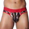 Camo print jockstrap with a front vertical zipper, red trim, and a branded red elastic waistband.