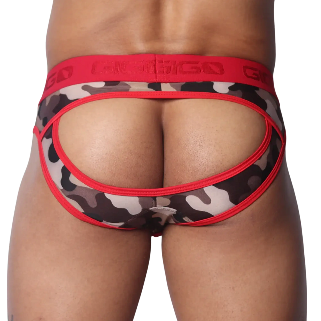 Red camouflage open-back jockstrap with a wide red waistband featuring embossed Gigo logos and red trim piping.