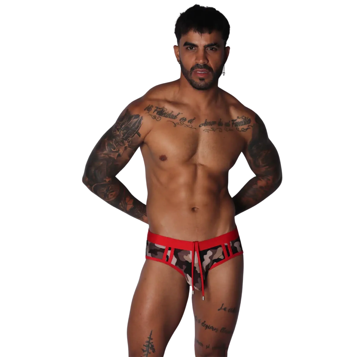 Men's low-rise swim brief in camo print with red waistband, cutouts, and a front drawstring tie.