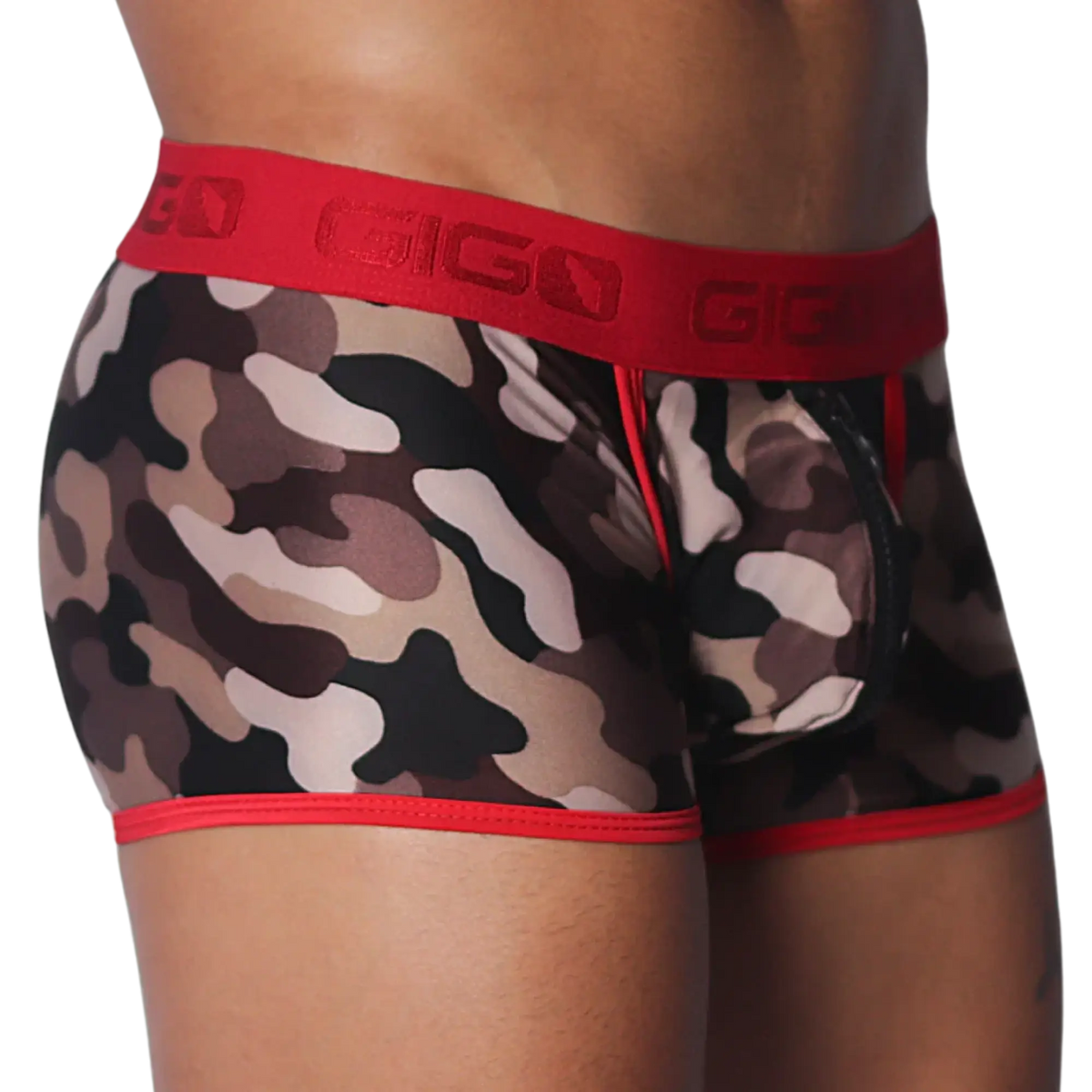 Camouflage print trunks with a red Gigo branded waistband, red trim, and a black zippered front pouch.