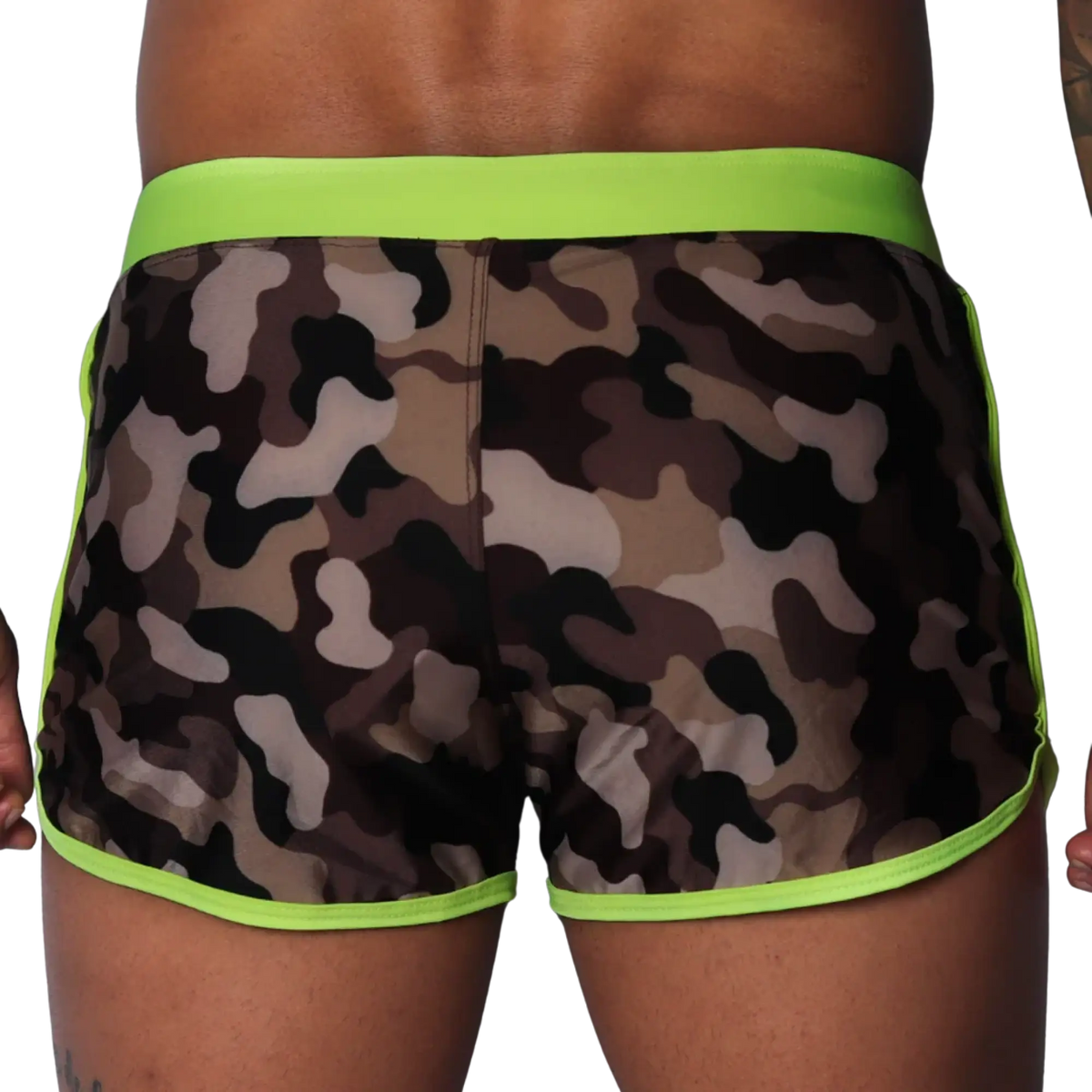 Camouflage print beach shorts with neon yellow waistband and trim, featuring a smooth, athletic fit.