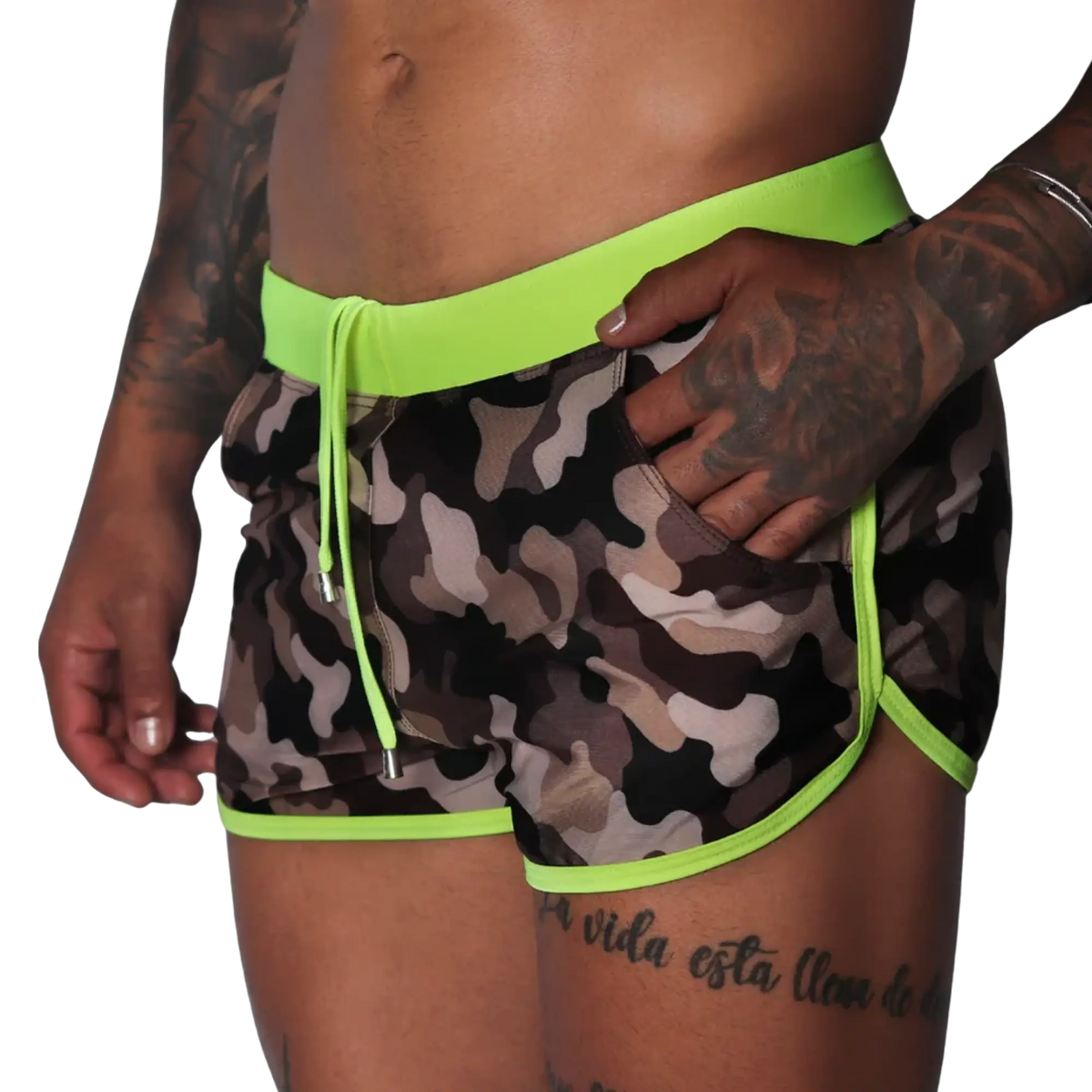 Short, camouflage-print athletic beach shorts with neon yellow waistband, drawstring, and trim accents.