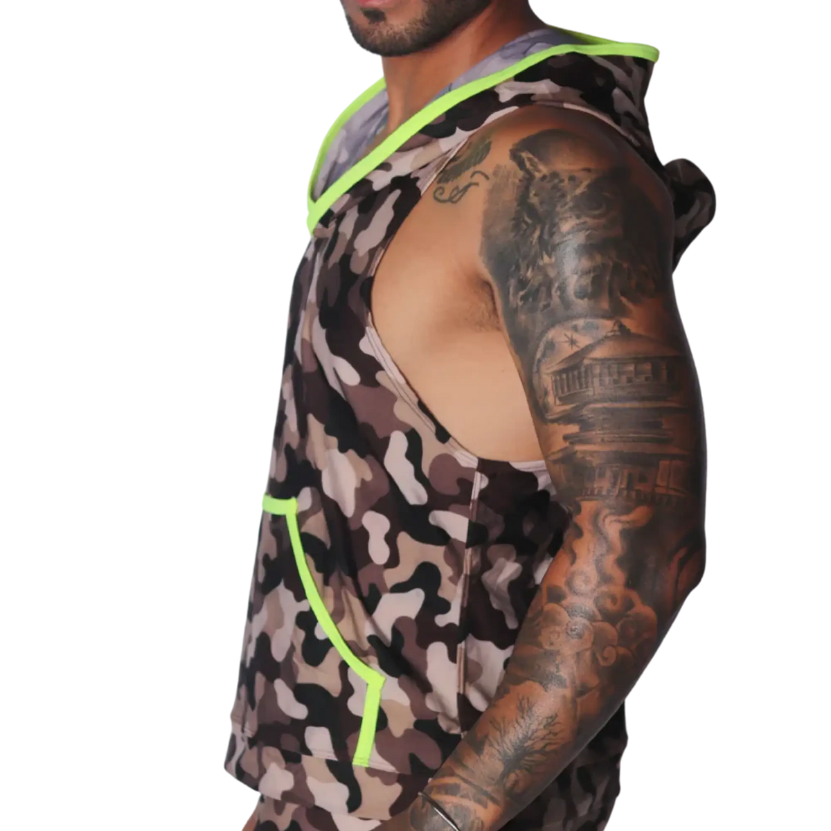Sleeveless camouflage hoodie in brown and grey with bright neon yellow trim and hood lining.