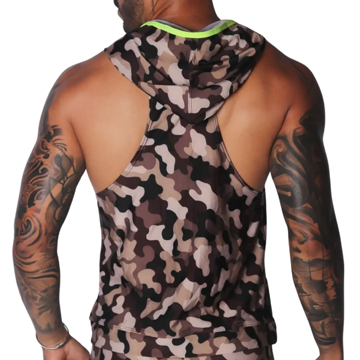 Sleeveless camouflage print hooded gym tank top with neon yellow trim detailing.