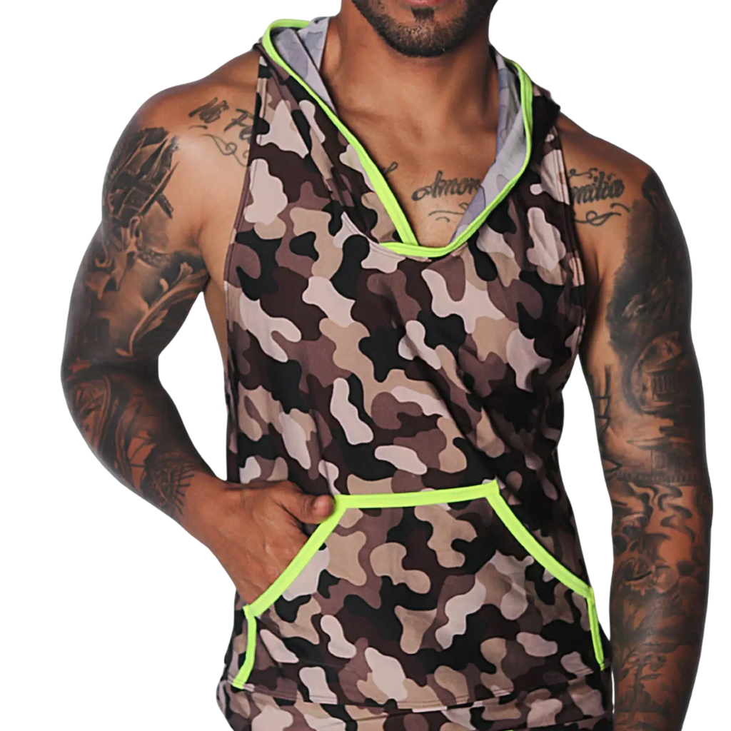 Sleeveless brown camouflage hoodie tank top with bright neon yellow trim and a front kangaroo pocket.