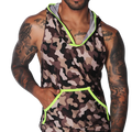 Sleeveless brown camouflage hoodie tank top with bright neon yellow trim and a front kangaroo pocket.