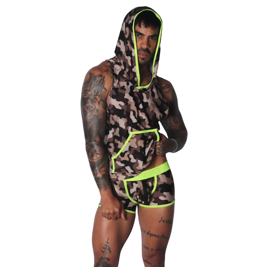 Sleeveless camo-print hooded shirt with neon yellow trim, paired with matching camo boxer briefs.