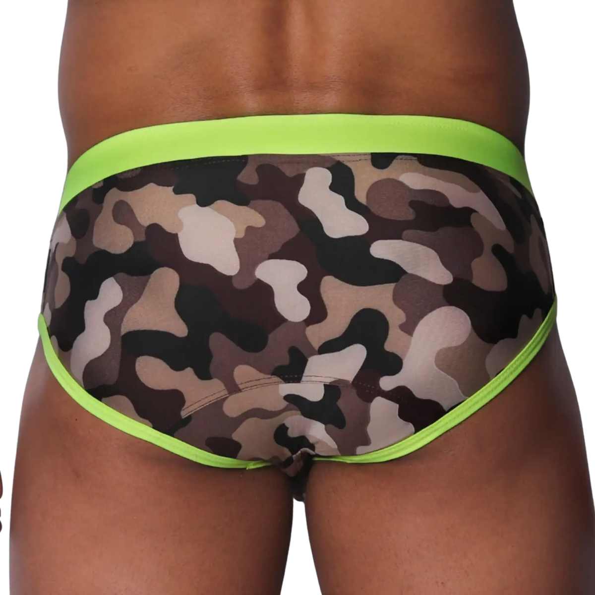 Gigo swim brief with a brown camouflage pattern and bright neon yellow trim against a black background.
