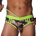 Neon yellow and camouflage print swim brief with a wide elastic waistband, drawstring, and side-paneled cutout design.