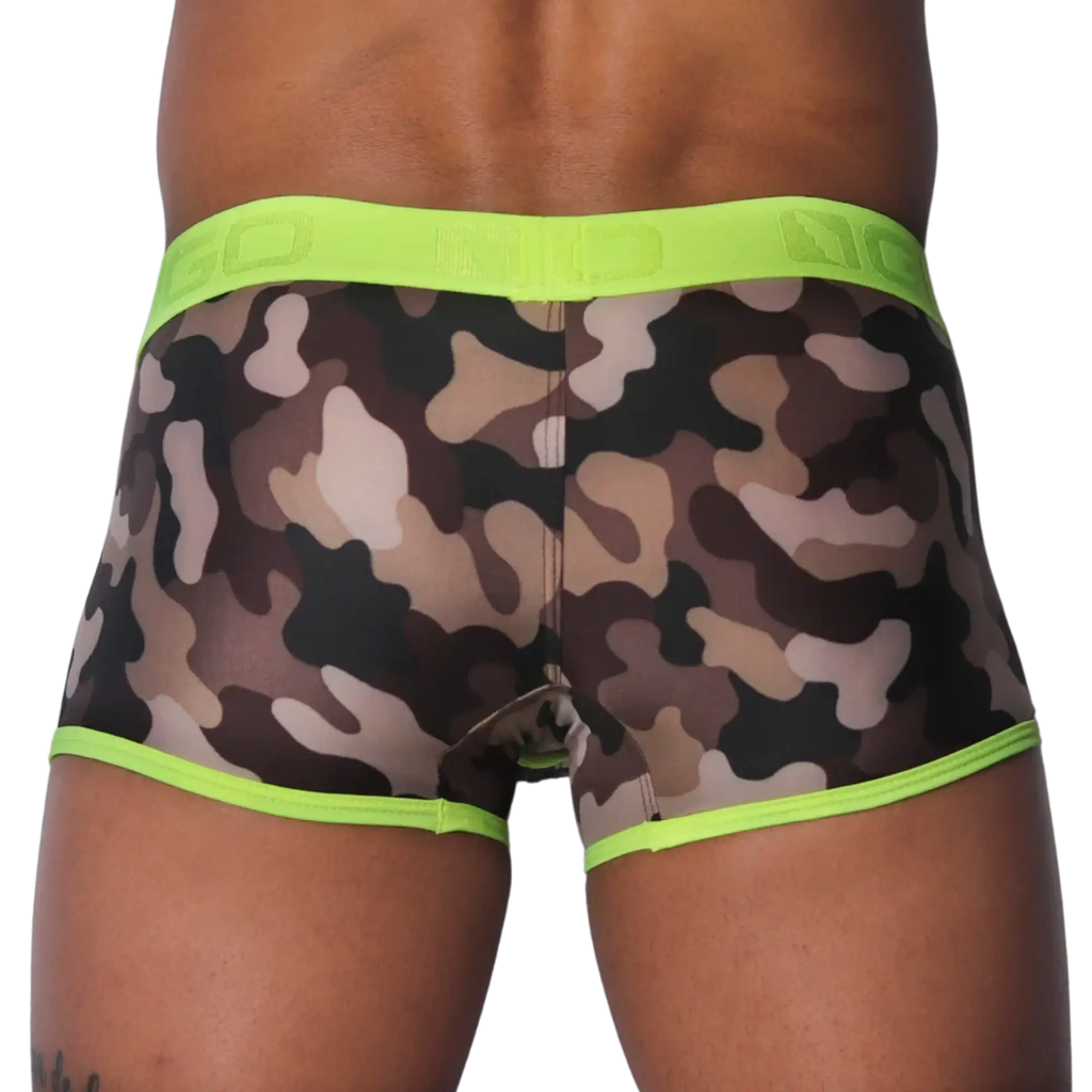 Brown camouflage print trunk with a bright yellow branded elastic waistband and neon yellow leg trim.