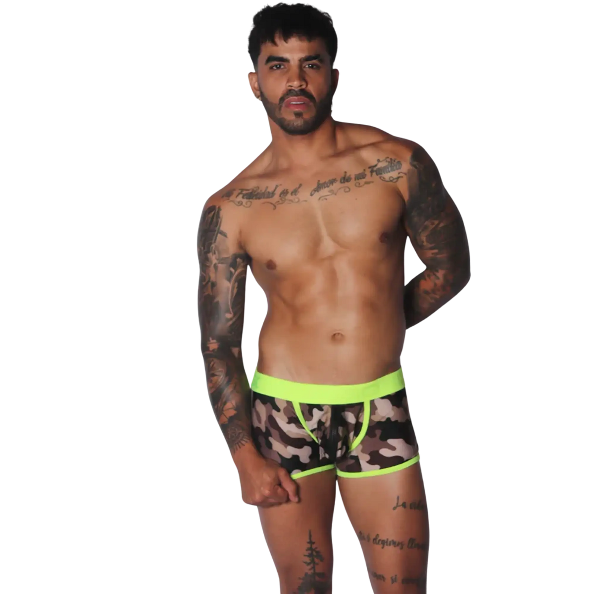 Camouflage print trunk with a neon yellow waistband and trim, featuring a front-center zipper detail.