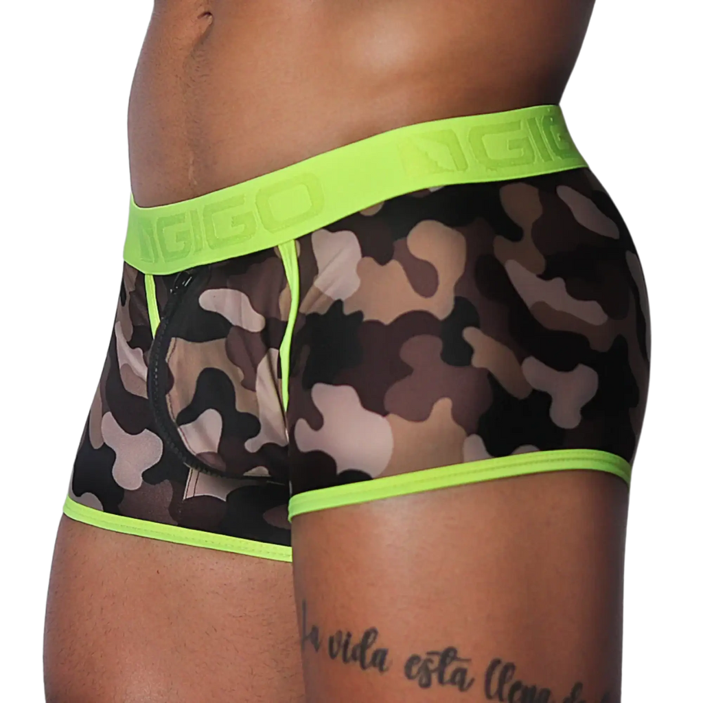 Camouflage print trunk with sheer mesh fabric, neon yellow trim, logo waistband, and front zipper detail.