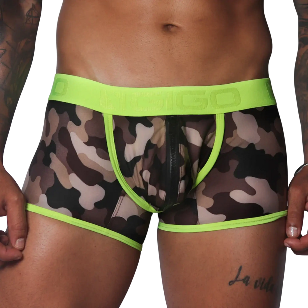 Camo print mesh trunk with neon yellow trim, branded elastic waistband, and a center-front zipper closure.