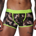 Camo print mesh trunk with neon yellow trim, branded elastic waistband, and a center-front zipper closure.