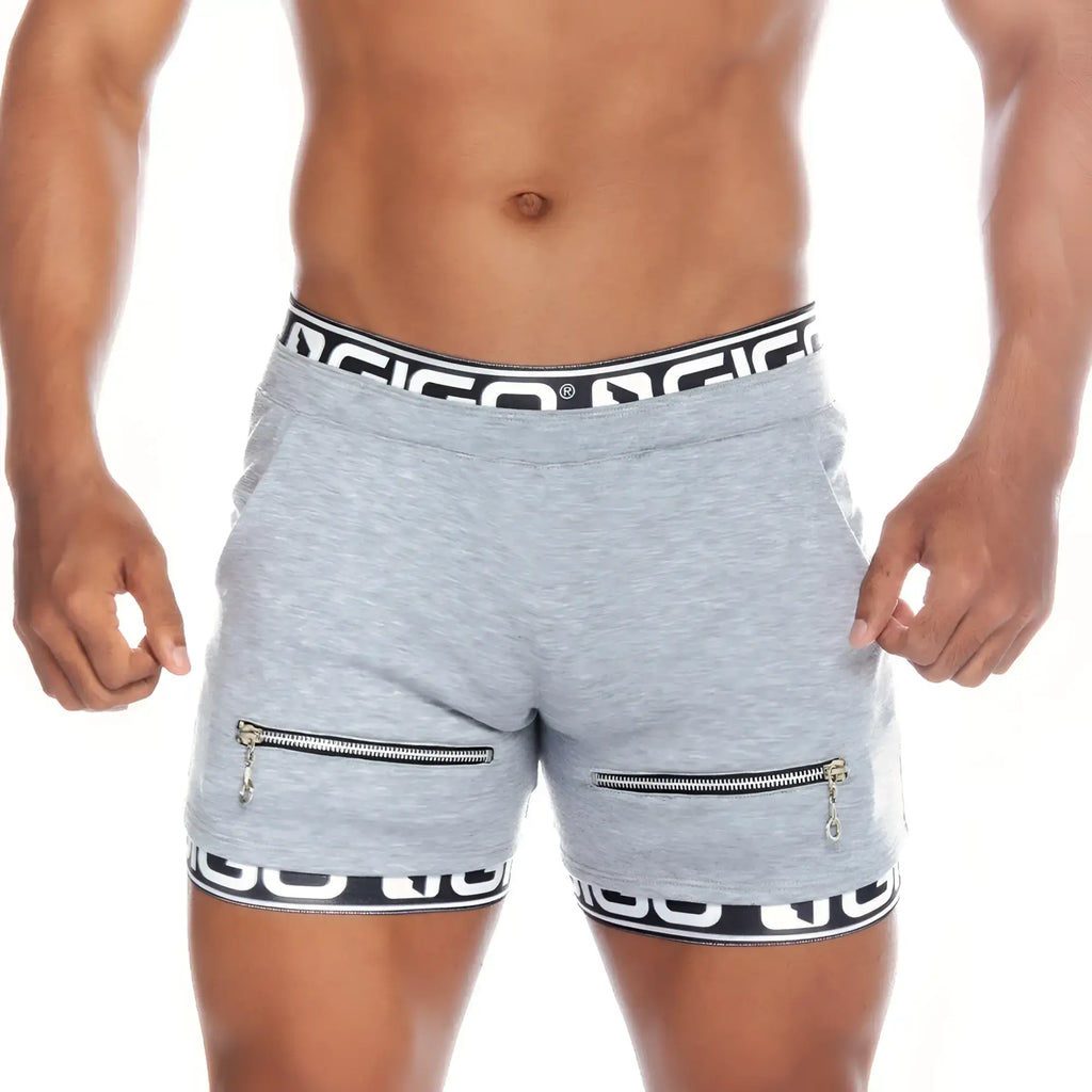 Gigo Tropixx gray heathered athletic shorts with black and white branded waistband and zippered front pockets