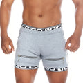 Gigo Tropixx gray heathered athletic shorts with black and white branded waistband and zippered front pockets